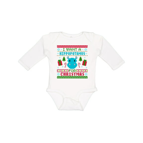 Inktastic I Want a Hippopotamus for Christmas Pixelated Ugly Sweater Boys or Girls Long Sleeve Baby Bodysuit