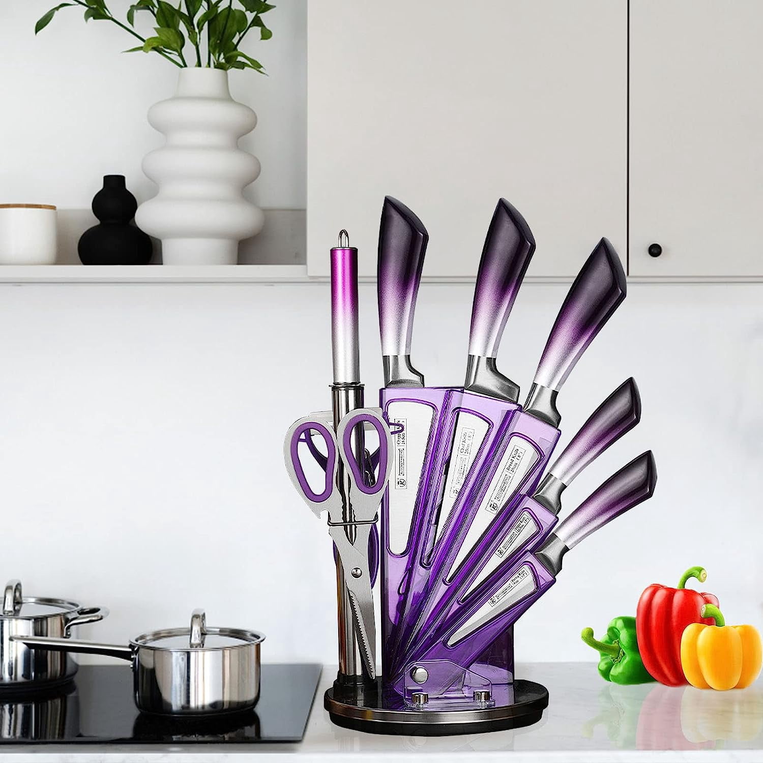Dot Pet Purple Gradient Handle Stainless Steel Kitchen Knife Set, 9-Piece