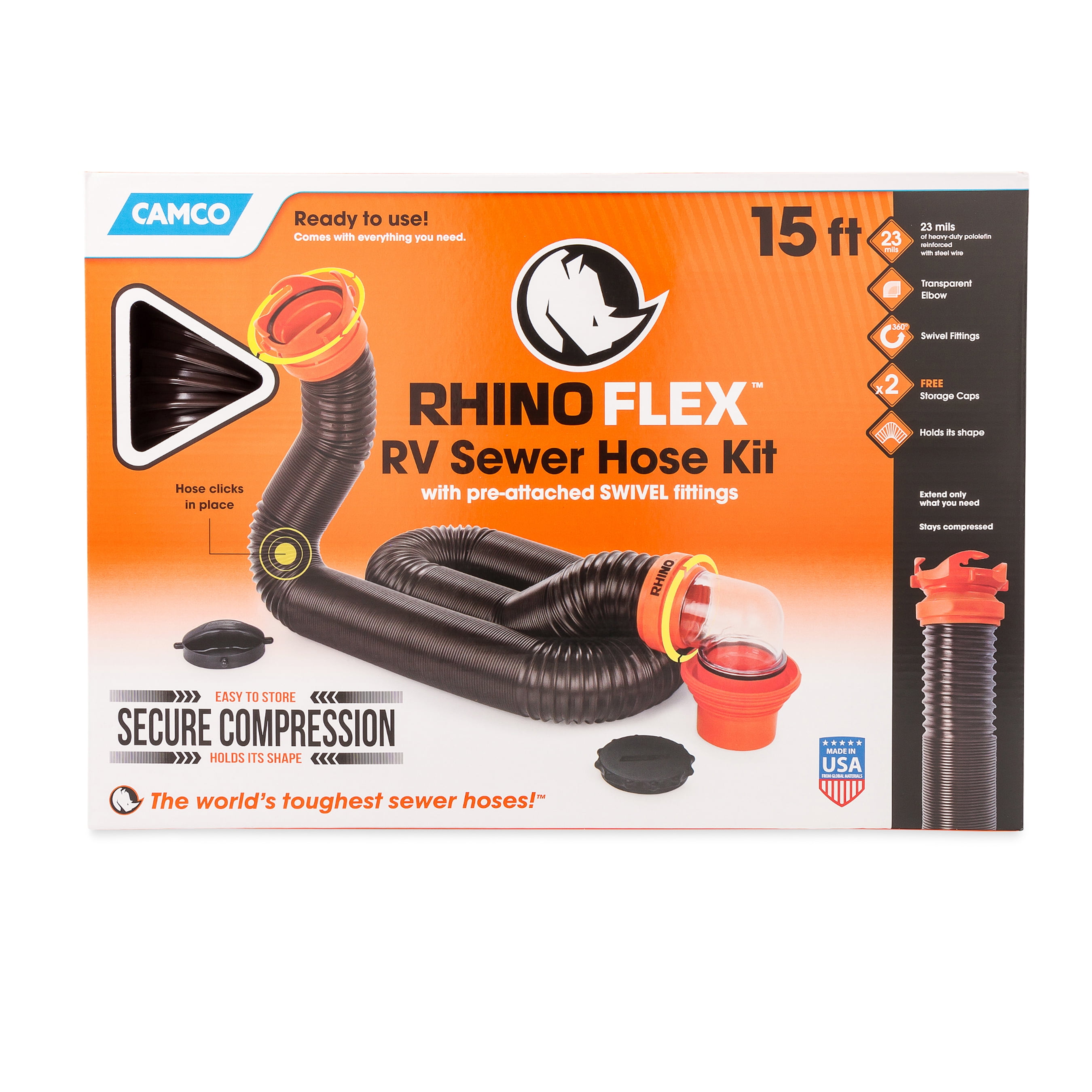 Camco Camper/RV RhinoFLEX Sewer Hose Kit with 15' Hose and Swivel