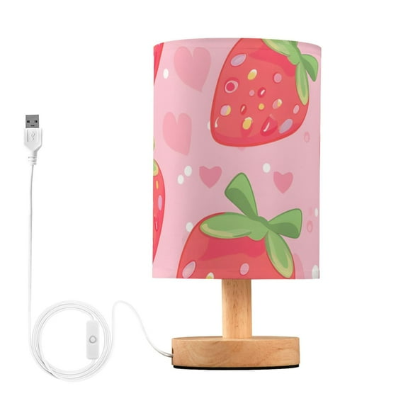 Cute Strawberry Table Lamp USB Bedside Desk Nightstand Lamp Printed Gifts Small Lamp Wood Base for Bedroom Living Room Kids Room College Dorm