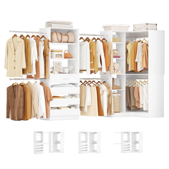 Homieasy 58"-152" Freestanding Closet System, Wardrobe Organizer with Drawers & Shelves, Corner Storage Unit for Bedroom/Living Room, DIY Customizable, 2-Pack in White
