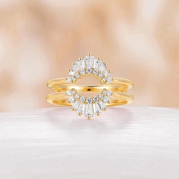 Baguette Cut Art Deco Sunburst Diamond Ring Enhancer in 14K Yellow Gold Vermeil – U-Shape Double Band Ring Guard for Women