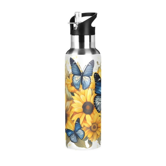 Butterflies Sunflowers Sports Water Bottle with Straw Lid Insulated Stainless Steel Leak Proof BPA Free Thermal Mug with Handle for Gym Yoga Cycling Camping