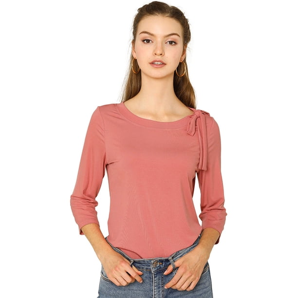 INSPIRE CHIC Blusa Trabajo Elegante De Punto Cuello Pajarita Mangas 3/4 Ajustado Para Mujeres Rojo Polvoriento S