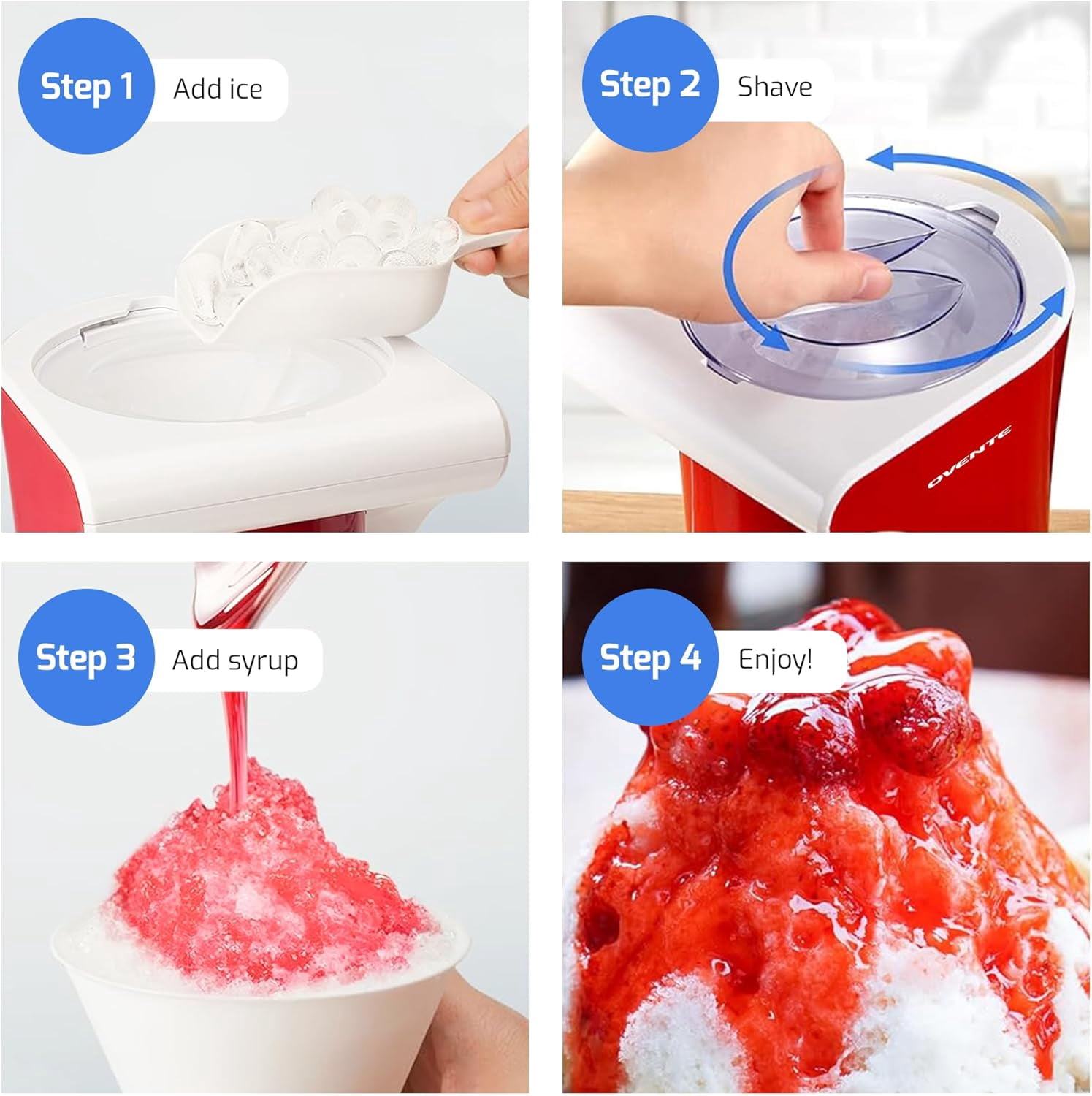 OVENTE Shaved Ice Snow Cone Machine with Reusable Plastic Cup, Non-Slip Mat and Stainless Steel Blade, Kitchen Countertop Slushie Machine for Homemade Snowballs, Frozen Cocktails & More, Red ICR1505R