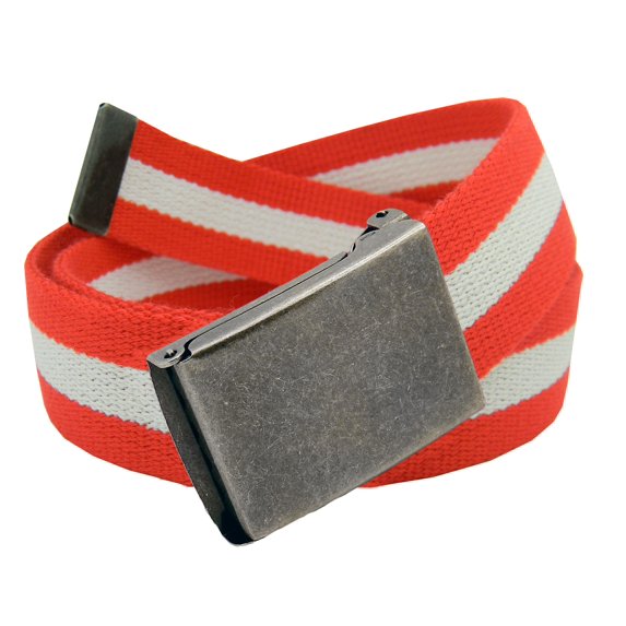 Men's Distressed Silver Flip Top Military Belt Buckle with Canvas Web Belt X-Large Red and White Stripe