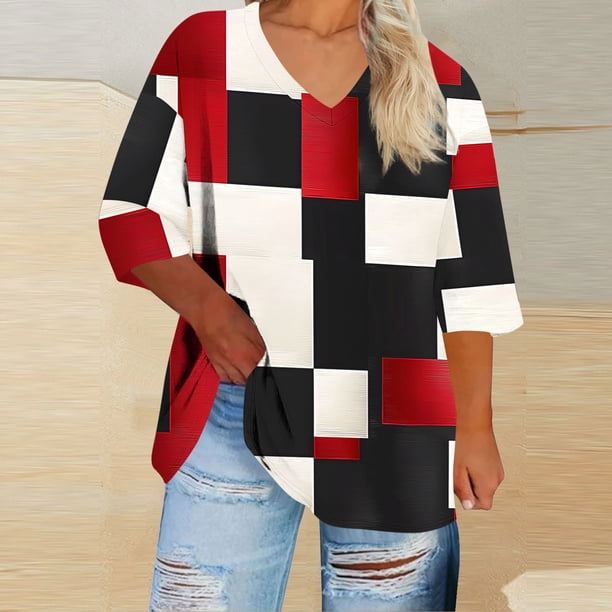 Heisall Womens Tshirts 3/4 Sleeve V-Neck Plus Size Loose Casual Print Daily Wear Fashion