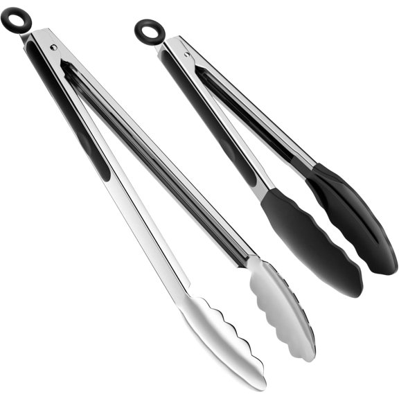 Set of 2 High Heat-Resistant Tongs- 9 & 12 Inch Kitchen Cooking Utensils for Grilling, BBQ, Frying, Baking & Salad Serving