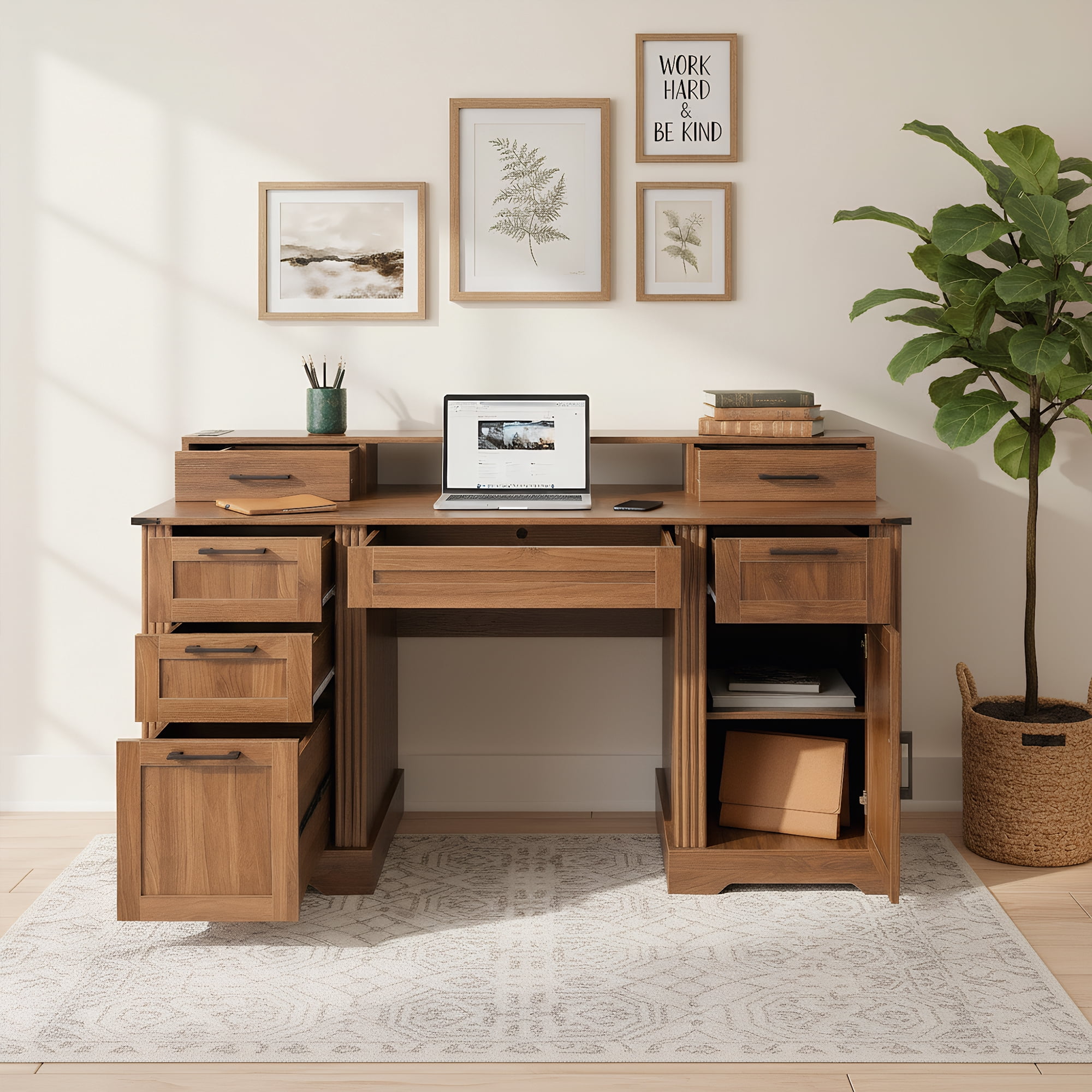 Mintazer 59" Farmhouse Office Desk with Charging Station & Storage Drawers, Computer Writing Desk with Monitor Stand & Keyboard Tray and File Cabinet for Study Living Room Home Office, Walnut