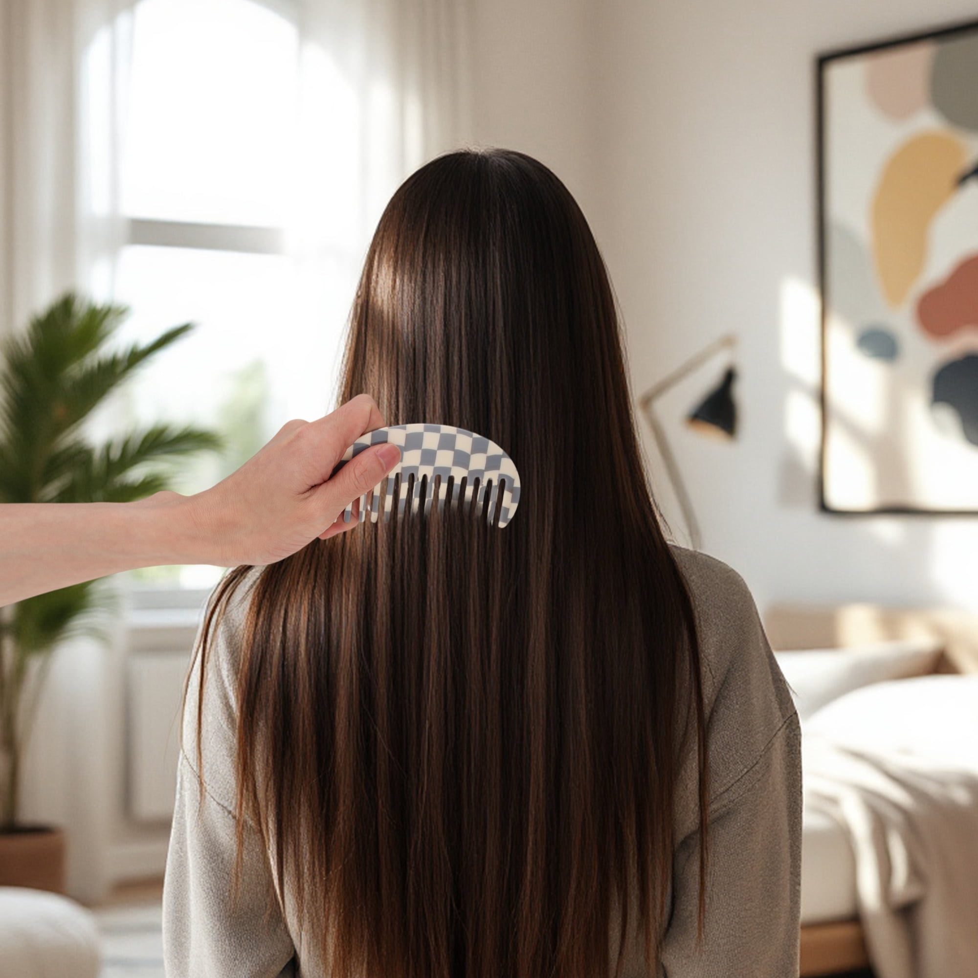 Unique Bargains 1 Pc Square Retro Checkerboard Hair Comb for All Hair Types Gray, White