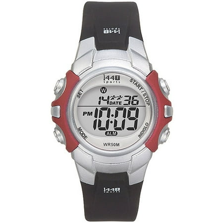 Timex Women's 1440 Sports Digital Red/Silver-Tone Watch, Black Strap