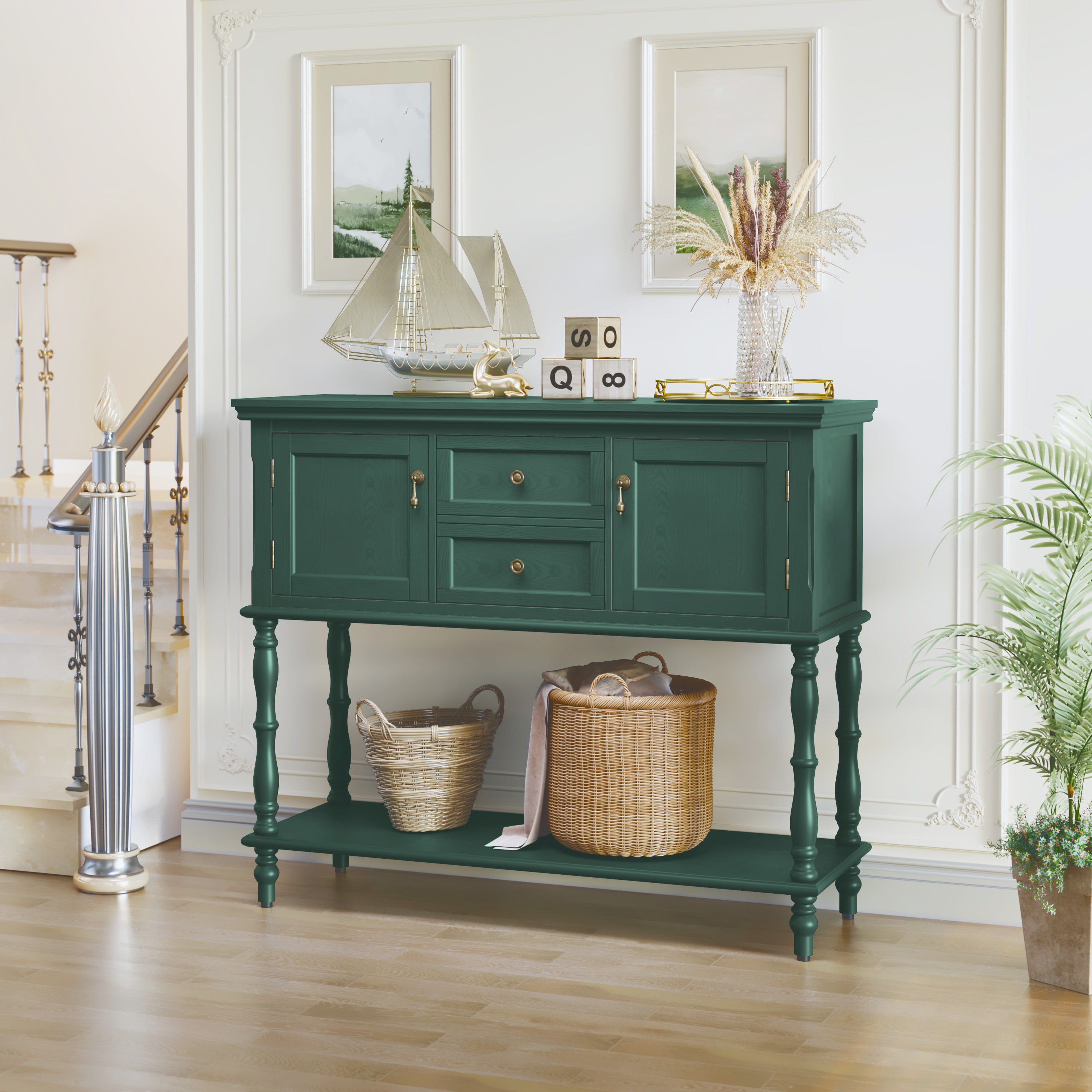 HLR 42" Farmhouse Modern Console Table, Entryway Table with Storage Shelf for Living Room, Green