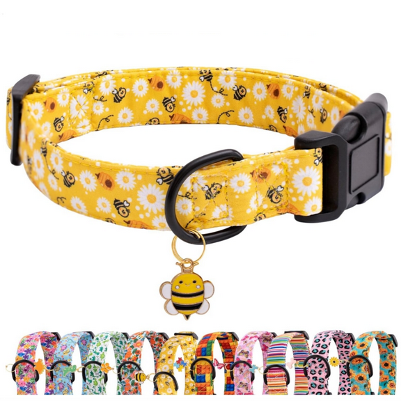 Dog Collar for Small Medium Large Dogs Yellow Puppy Collars for Female Dogs Floral Bee Daisy Patterned Pet Collars for Summer Spring Wedding Puppy Girl Dog Collar L