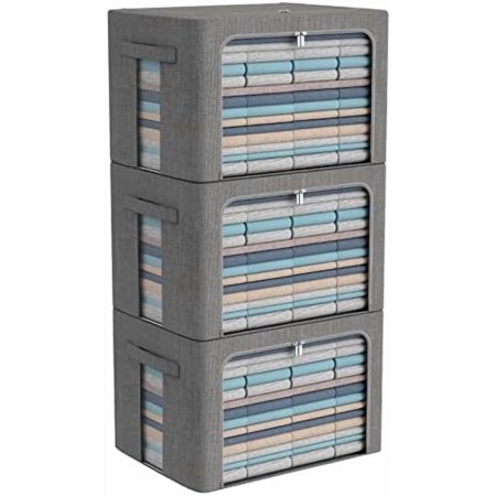 3Pack Foldable Storage Bins - Frame Storage Box Linen Fabric Stackable Clothes Container Organizer with Clear Window & Carry Handles Large Capacity (Large-66L Dark Gray)