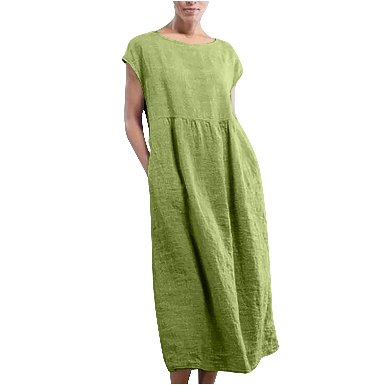 QLEICOM Summer Dress for Women Solid Sleeveless Cotton Linen Dress ...