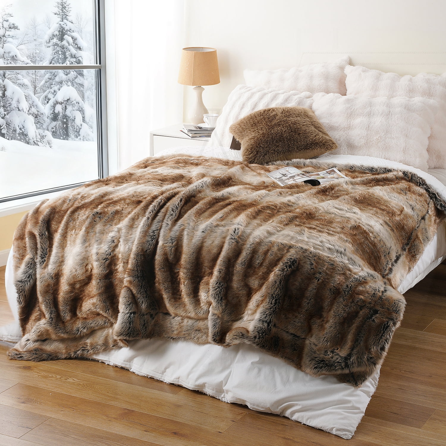 Battilo Brown Faux Fur Blanket ,Thick Cozy Bown Blanket , Fur Throw Blankets for Couch Bed,50"x60"