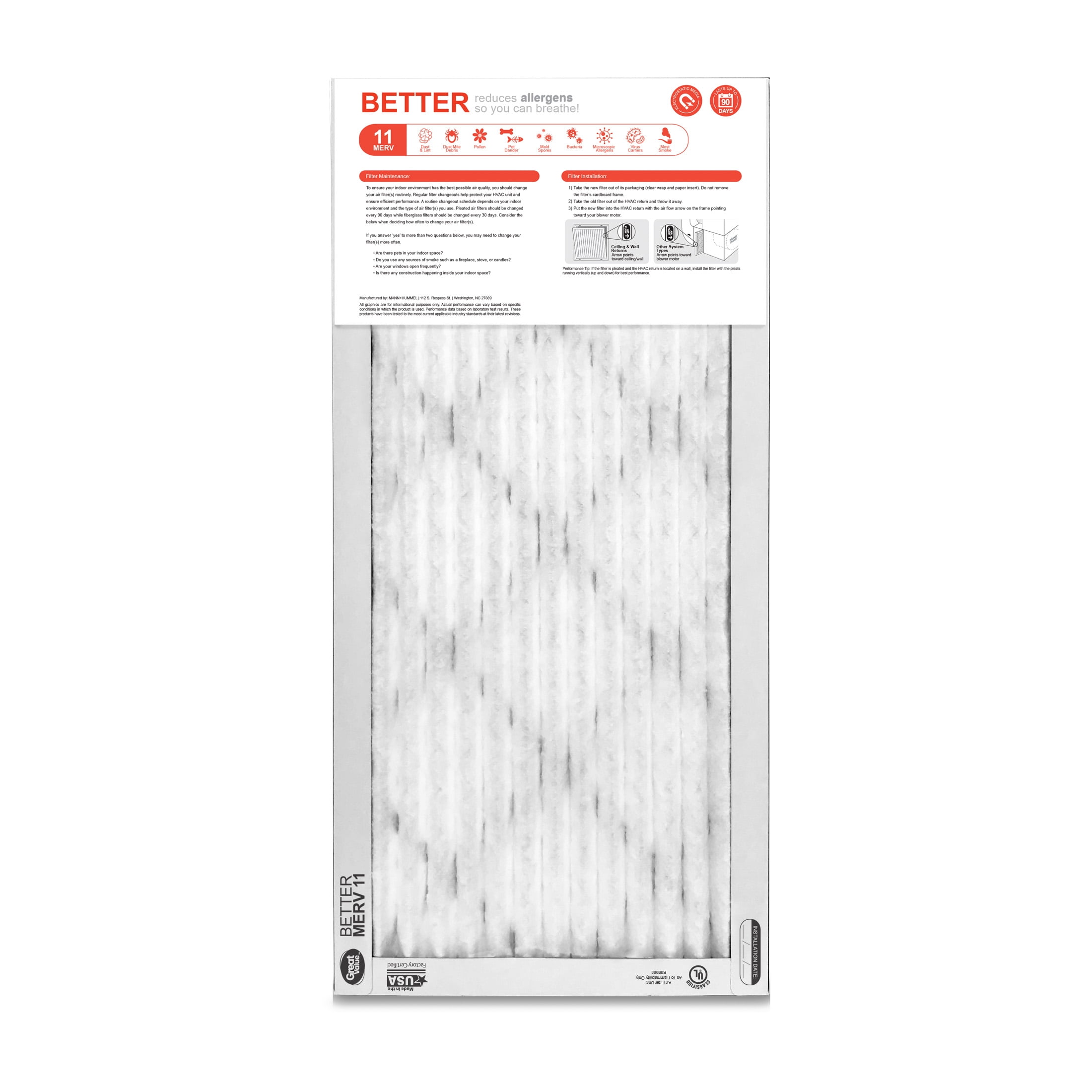 Great Value; 12x20x1; MERV 11 BETTER HVAC Air and Furnace Filter; Reduces Allergens; 4 Filters
