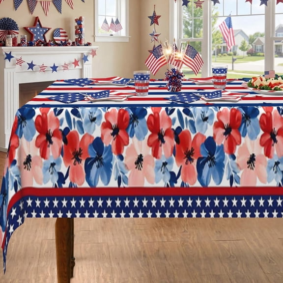 MIZHONA 4th of July Rectangle Tablecloth Floral Star Patriotic Independence Dining Table Cloth Waterproof Kitchen Decorations 60"x84"