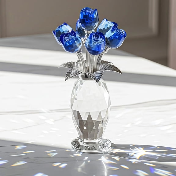 Crystal Blue Rose Flower Figurine with Faceted Vase, Decorative Crystal Rose Bouquet with Metal Stems and Leaves, Elegant Tabletop Ornament for Home Office Shelf Decor Present