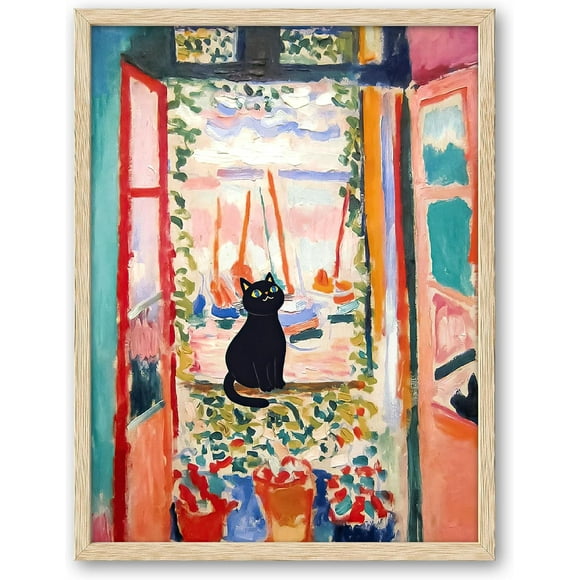 TRAHOO-Beige Natural Oak Wood Framed Wall Art, 8x10in Matisse The Open Window Cat Print, Cat Poster, Cute Black Cat Picture, Henri Matisse Poster, Funny Cat Art for Bedroom Bathroom, 1Pack Gift