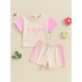 thumbnail image 2 of Bagilaanoe 2pcs Toddler Baby Girl Shorts Set Short Sleeve Letter Embroidery T Shirt Tops + Shorts 6M 12M 18M 24M 3T 4T 5T Kids Casual Summer Clothes, 2 of 8