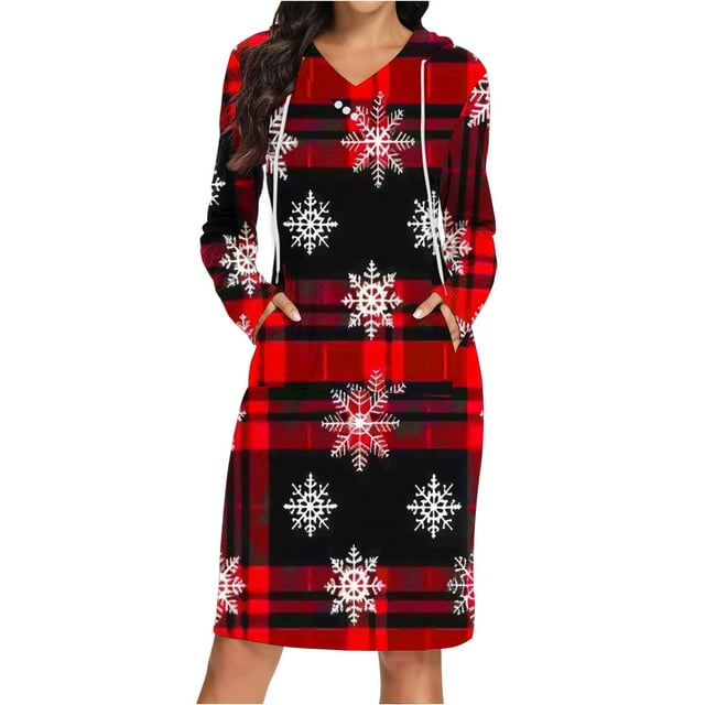 TIMIFIS Robe Chandail à Capuche pour Femme, Imprimé de Noël, Ample, Manches Longues, Haut Chandail à Capuche, Robe à Capuche avec Poches