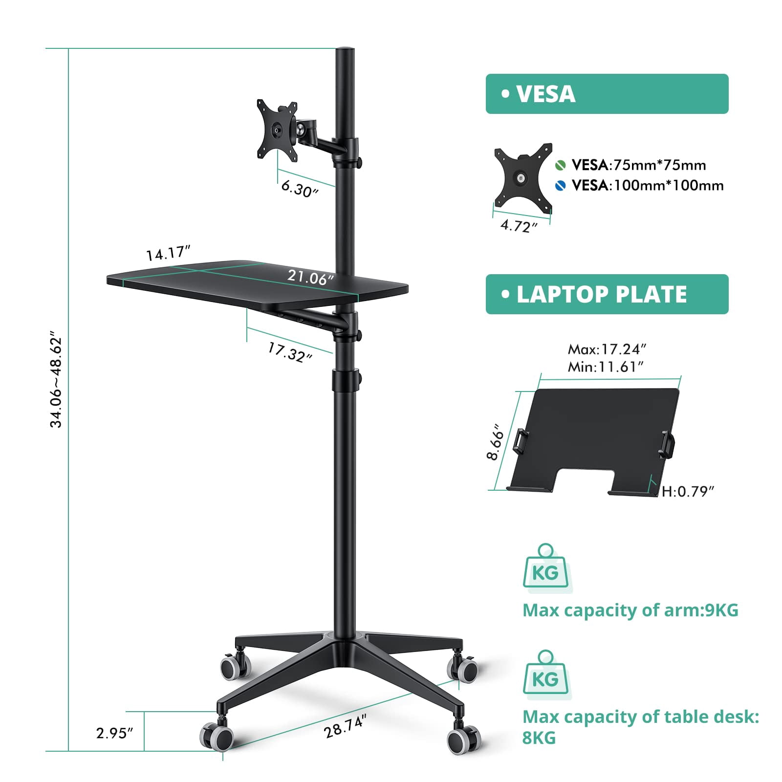 Mobile Desk Workstation Mulitiuse Rolling Laptop Floor Stand 34"-48.6" Height Adjustable Compatible With 17"-27" Monitor&12"-17" 21"*14" Maxload 17.6lbs 4 Lockable Wheels B