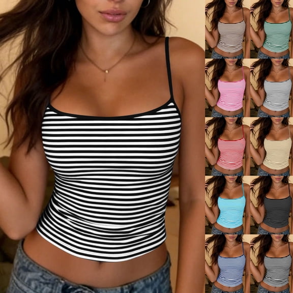 Yertdoel Tank Tops for Women Fashion Striped Printed Slim Spaghetti Straps Camisole Top Sleeveless Summer Basic Lightweight Cozy Casual Shirts