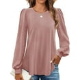 thumbnail image 4 of Long Sleeve Eyelet Tops for Women 2025 Spring Fall Crew Neck Shirts Casual Loose Blouse Trend Outfits Clothes Pink M, 4 of 9