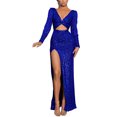thumbnail image 2 of Aueoeo Winter Formal Dresses, Long Sleeve Dress for Women Fall Women Sexy Long Sleeve Sequin Split Solid V-Neck Long Party Dresses, 2 of 7