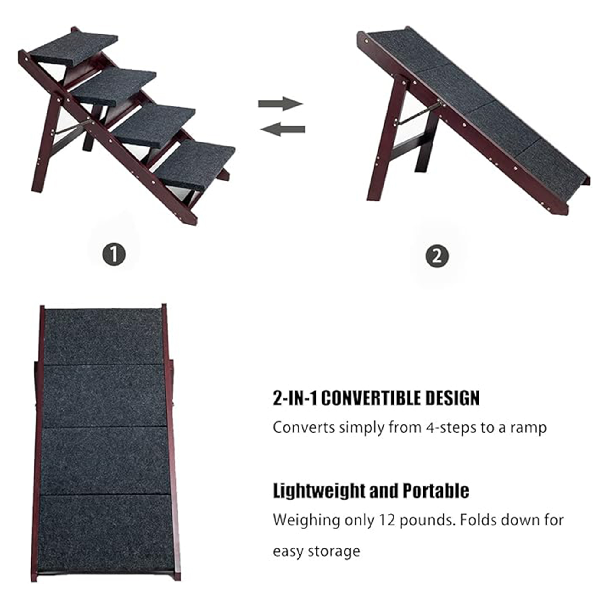 Pefilos Wood Pet Steps, Foldable 4 Steps Dog Stairs and Ramp Perfect for Beds and Cars, Portable Dog/Cat Ladder Up to 110 Pounds, Brown