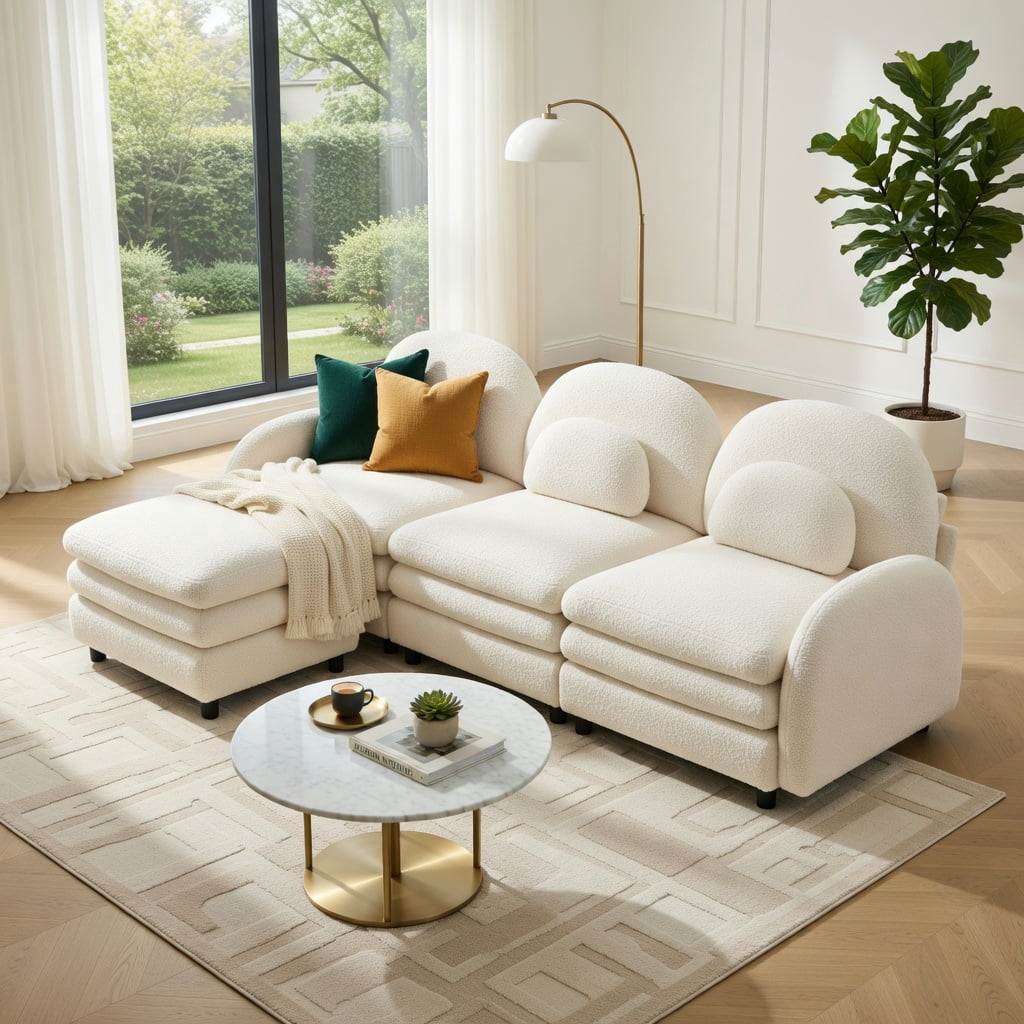 Hommoo Teddy Fleece 3-Seat Modular Sectional Sofa with Curved Backrest, Movable Ottoman & Double-Layer Cloud-Like Cushions, Beige