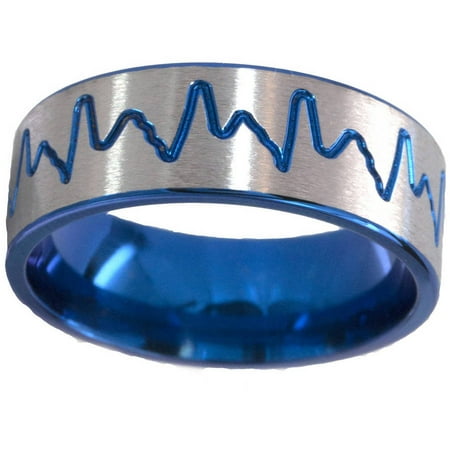 8mm Flat Titanium Ring with a Milled Heartbeat Anodized in Blue