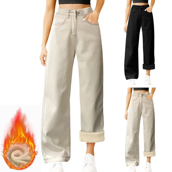 larppty Winter Straight Jeans Women High Waist Fleece Lined Wide Leg Casual Denim Pants（Beige，M/S）
