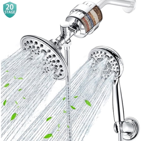 FETERVIC 8'' Dual Filtered Rainfall Shower Head Combo, 7-spray Shower Head, 8 Settings High Pressure Handheld Shower Head, 20 Stage Shower Filter, 3-Way Filter Rain Shower Head, Chrome