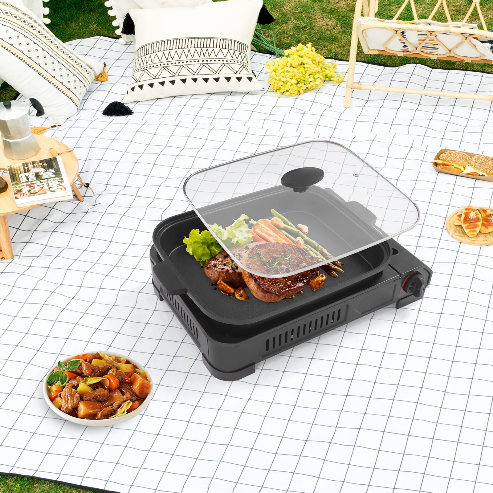 Rectangular Tabletop Modern Black Stove with Grill Pan and Lid Portable Gas Stove for Camping Trips