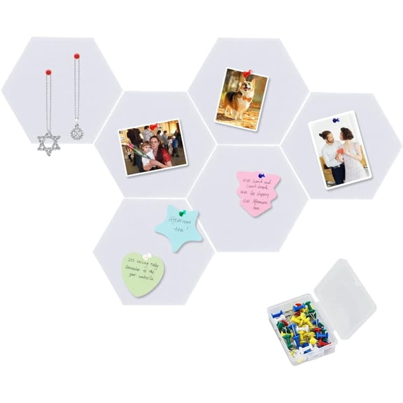 6 Pcs Hexagon Bulletin Board with 50 Pushpins & Sticky Note Adhesive Cork Board for Wall,Felt Pin Board for School,Office Decor(White)