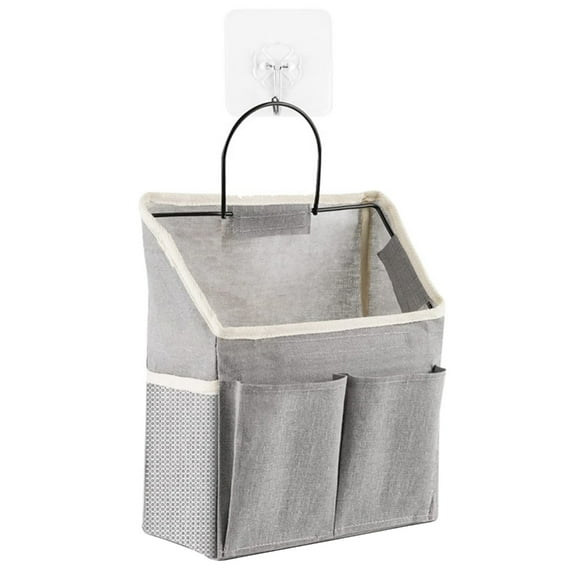 Necvior Linen Fabric Door Hanging Storage Basket with Pockets Sticky Hook Wall Hanging Bag Bin for Kitchen