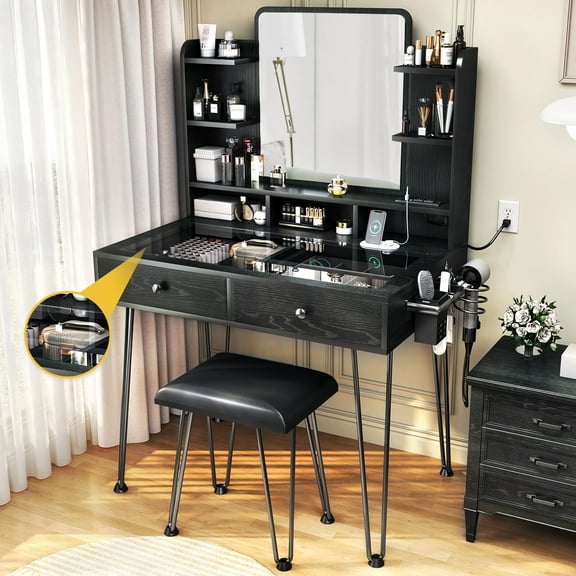 TC-Homeny Makeup Vanity Table with Charging Station & Compartment Storage Drawers, Visible Glass Desktop & Stool Set, Black