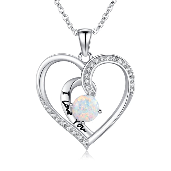 TANGPOET Opal Necklace 925 Sterling Silver Love Heart Pendant I Love You Necklace, Valentines Day Jewelry Gifts for Women Ladies