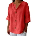 thumbnail image 2 of Button Down Shirts for Women, Linen Summer Cotton V Neck 3/4 Sleeve Tops Loose Beach Blouses Tunic, Red S-5XL, 2 of 6
