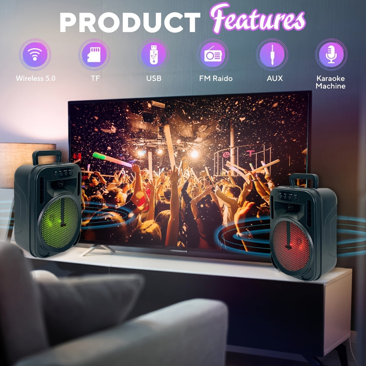 2PC 4000W Bluetooth Wireless Speaker with 6.5" Woofer, Heavy Bass, LED Party Lights, Rechargeable PA System with Handle, TWS/USB/TF/AUX/FM for Indoor & Outdoor , Camping & Home Parties