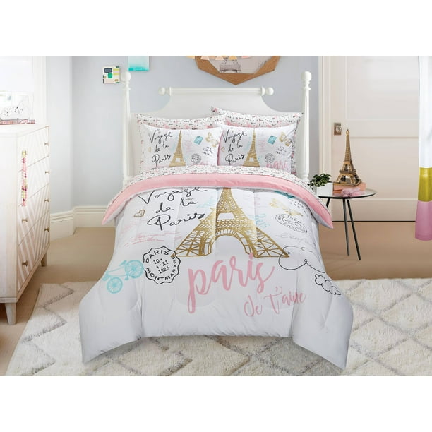 Mainstays Kids Paris Bed-in-a-Bag Bedding with Reversible Comforter ...