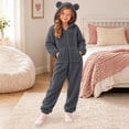 thumbnail image 5 of CUZIBR Kids Girl Bear Ear Onesie Fuzzy Hooded Pajama Jumpsuit Zip-Up Long Sleeve Lovely Loungewear,Dark Gray,12-14 Years, 5 of 6