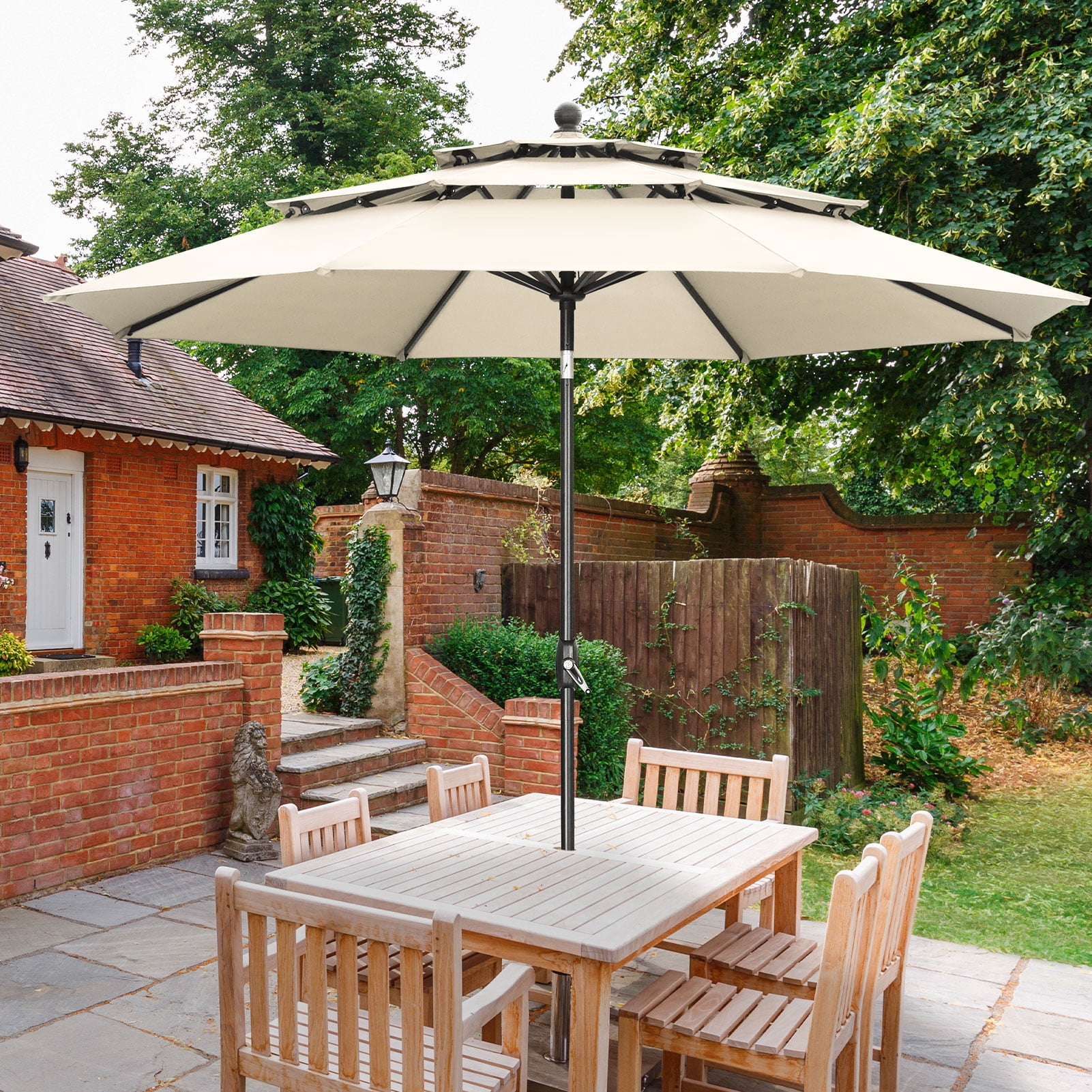 Ainfox 10ft Patio Umbrella 3 Tiers,Outdoor Table Market Umbrella w/Tilt Adjustment and Crank for Garden,Deck,Beach,Backyard,Pool,Khaki