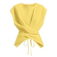 thumbnail image 7 of CIENVNSTG Casual Twist Front Ruched Tank Tops for Women Round Neck Cap Sleeve Cross Wrap Slim Fit Stretchy Cropped Summer Daily Shirts Yellow XS, 7 of 7
