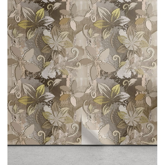 Ambesonne Floral Peel & Stick Wallpaper for Home, Grunge Retro Flower Pattern, 13"x36", Eggshell and Dark Tan