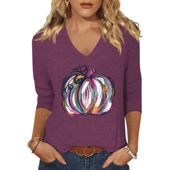 Beopjesk Womens 3/4 Sleeve V Neck Halloween Shirts Thanksgiving Fall Graphic Tees