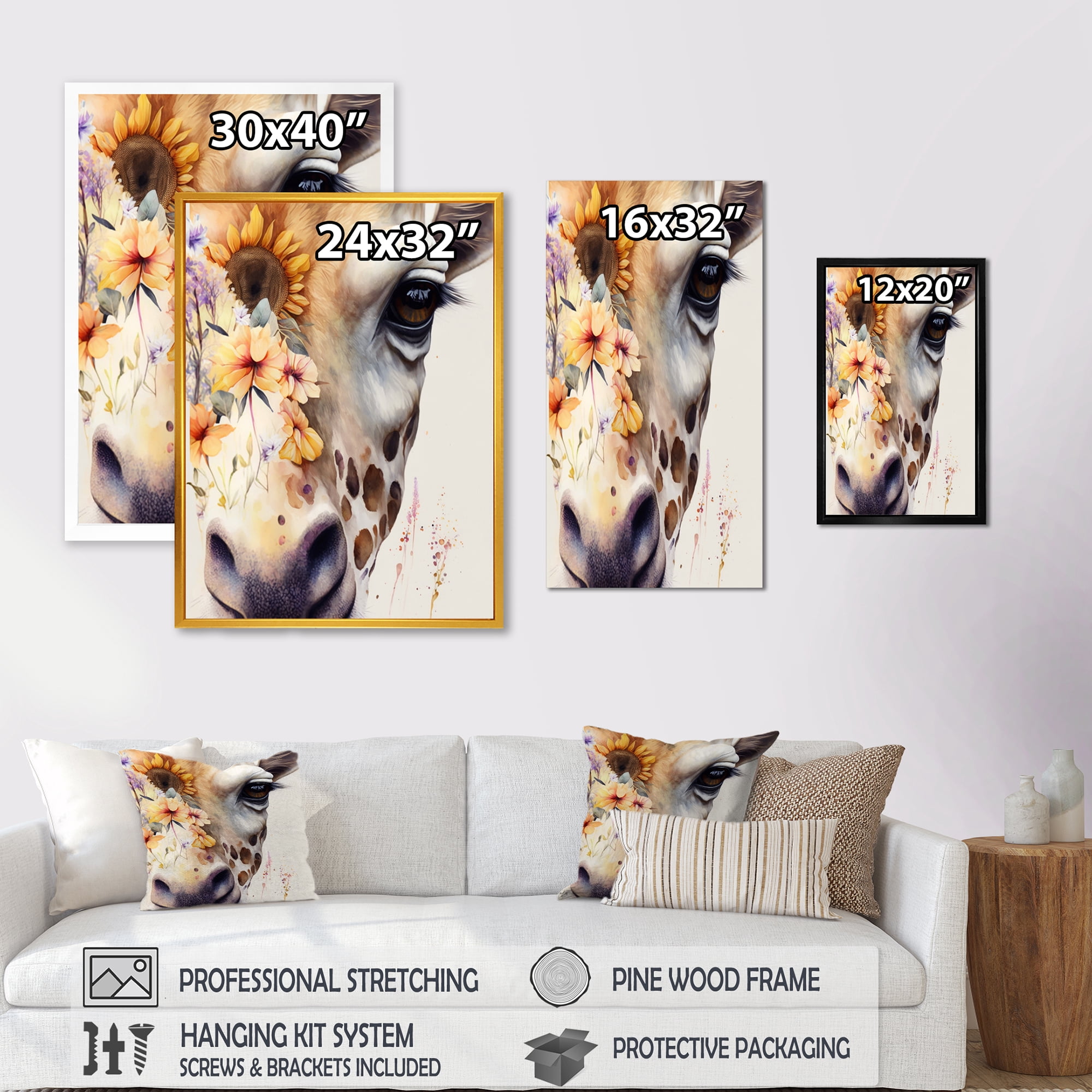 Designart Giraffe Portrait With Sunflowers I Canvas Wall Art
