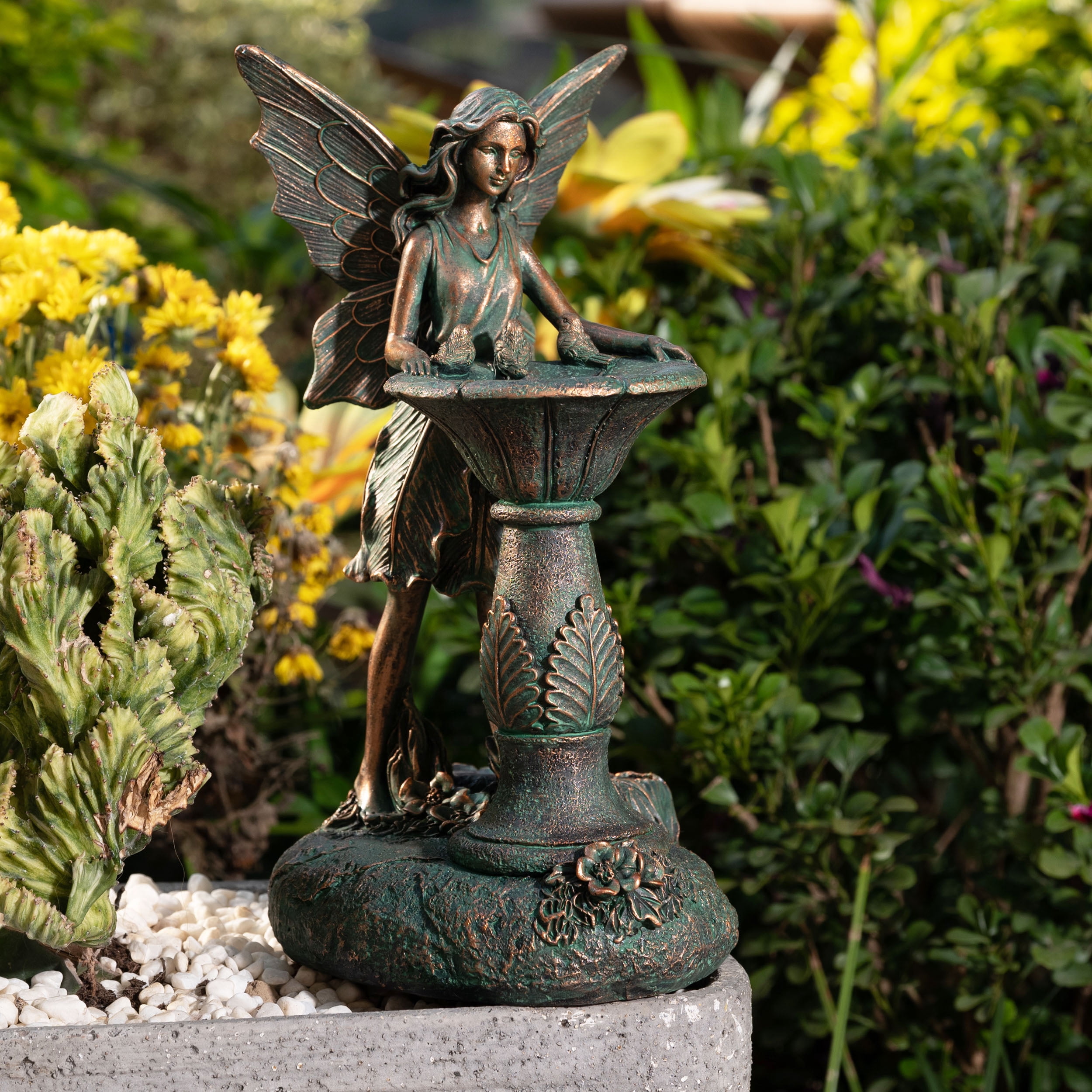 TERESA'S COLLECTIONS 9.4" Fairy Garden Statue with Solar Outdoor Light, Bronze Resin Sculpture